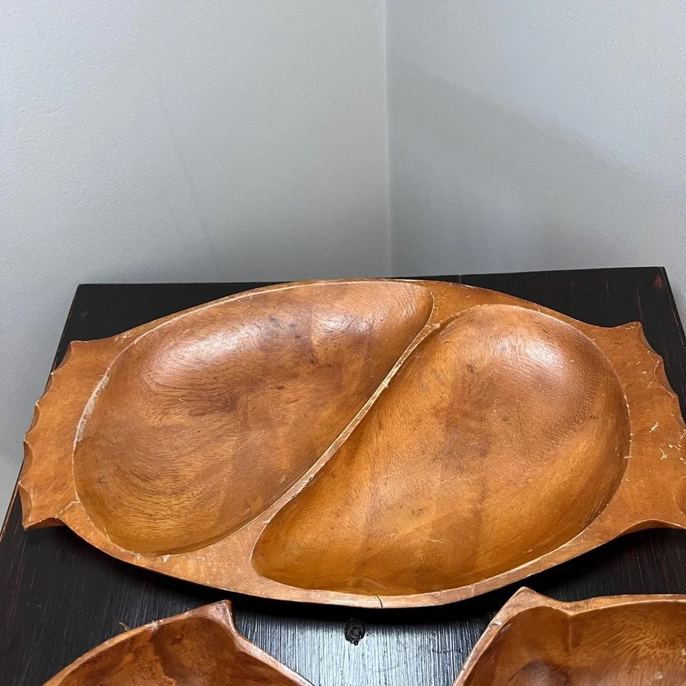 VTG Hand Carved Monkey Pod Wood Divided Serving Tray with 2 Leaf Snack Bowls mcm